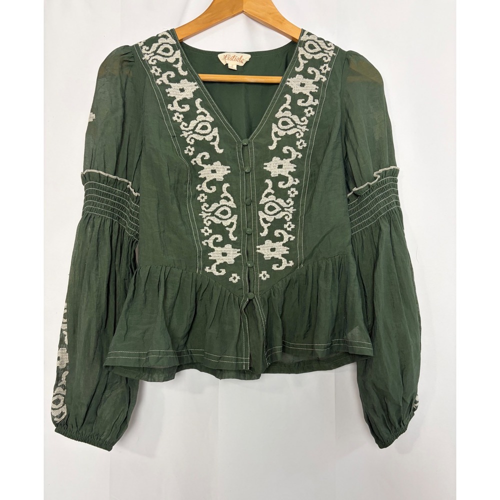 Listicle Green Embroidered Peplum Blouse Boho Small Renaissance Victorian
